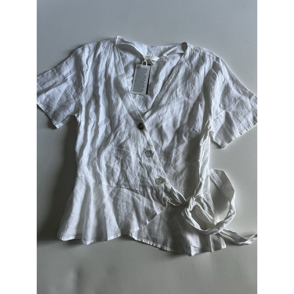 NWT H&M 100% Linen Peplum Wrap White Cropped Mother of Pearl Buttons Tie Waist